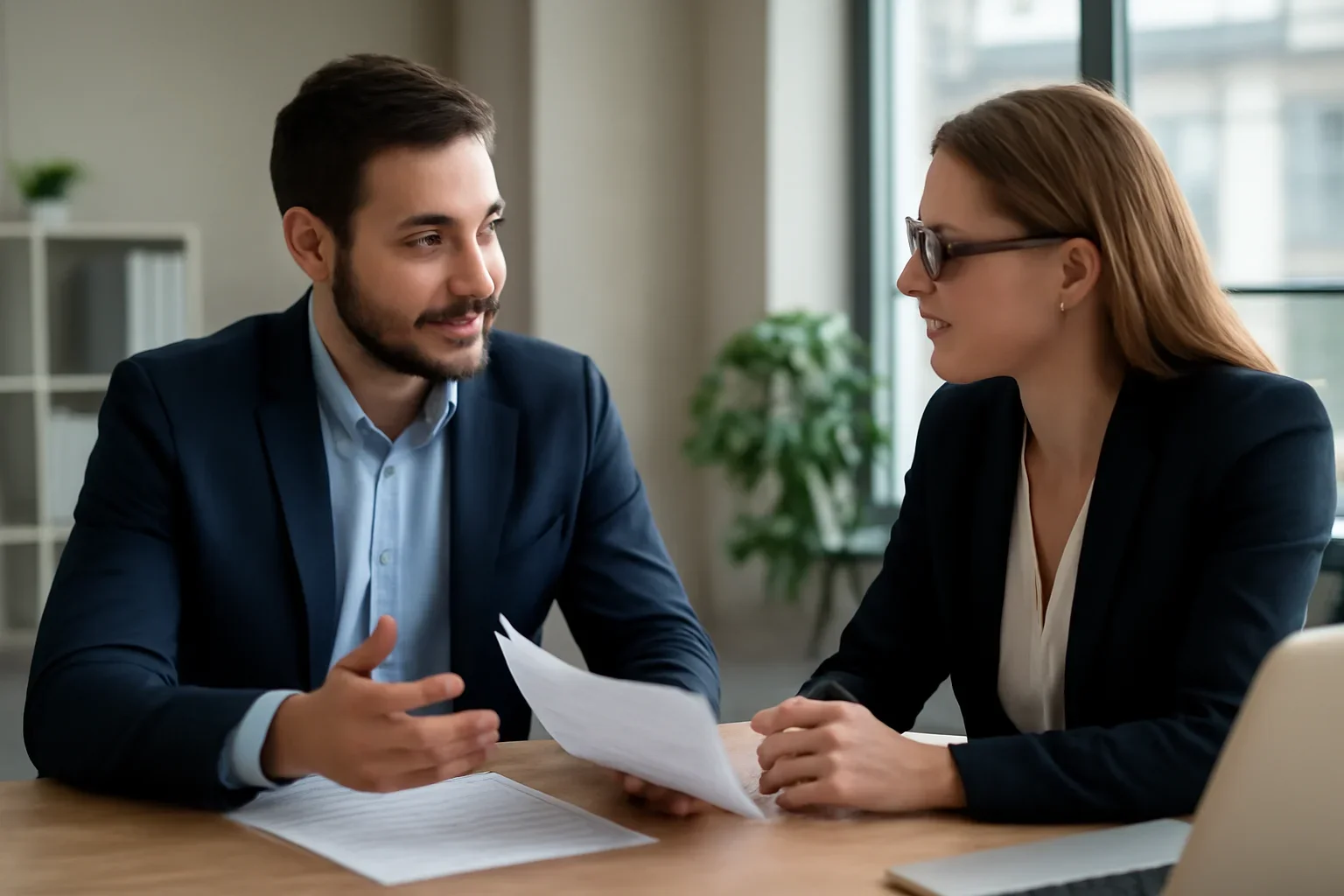 Business owner sharing project details with a financing advisor